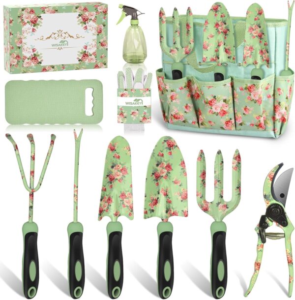 Gardening Tools, WisaKey 10 Piece Heavy Duty Garden Tools Set with Handle